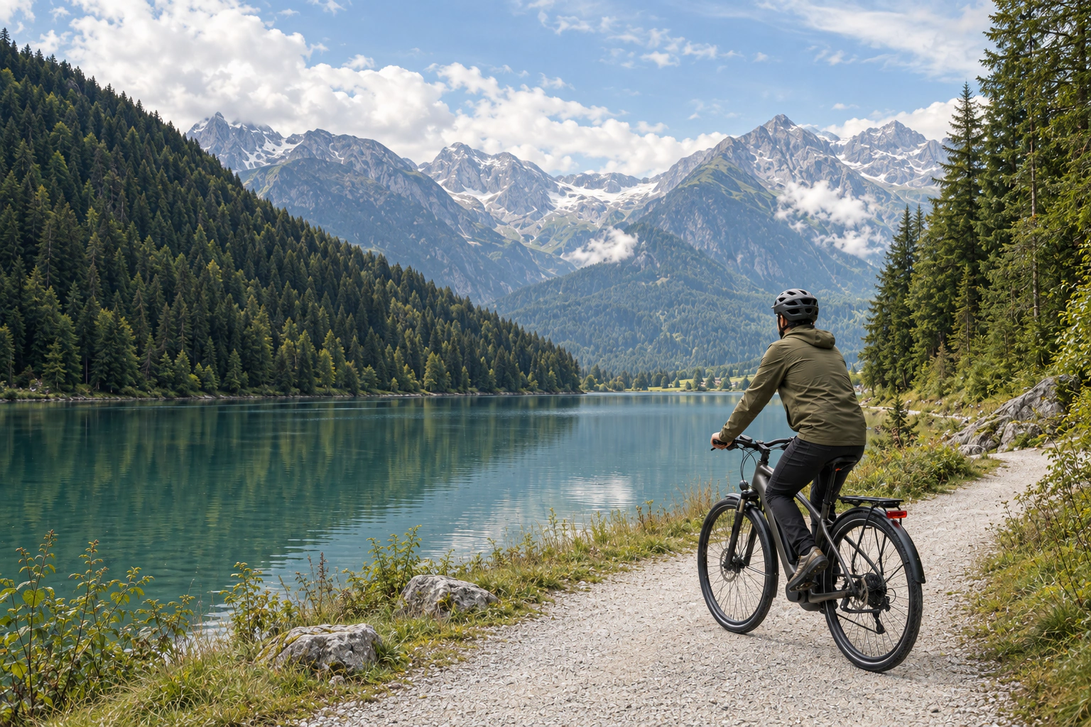 Illustrative scene of a cyclist beside an alpine lake.