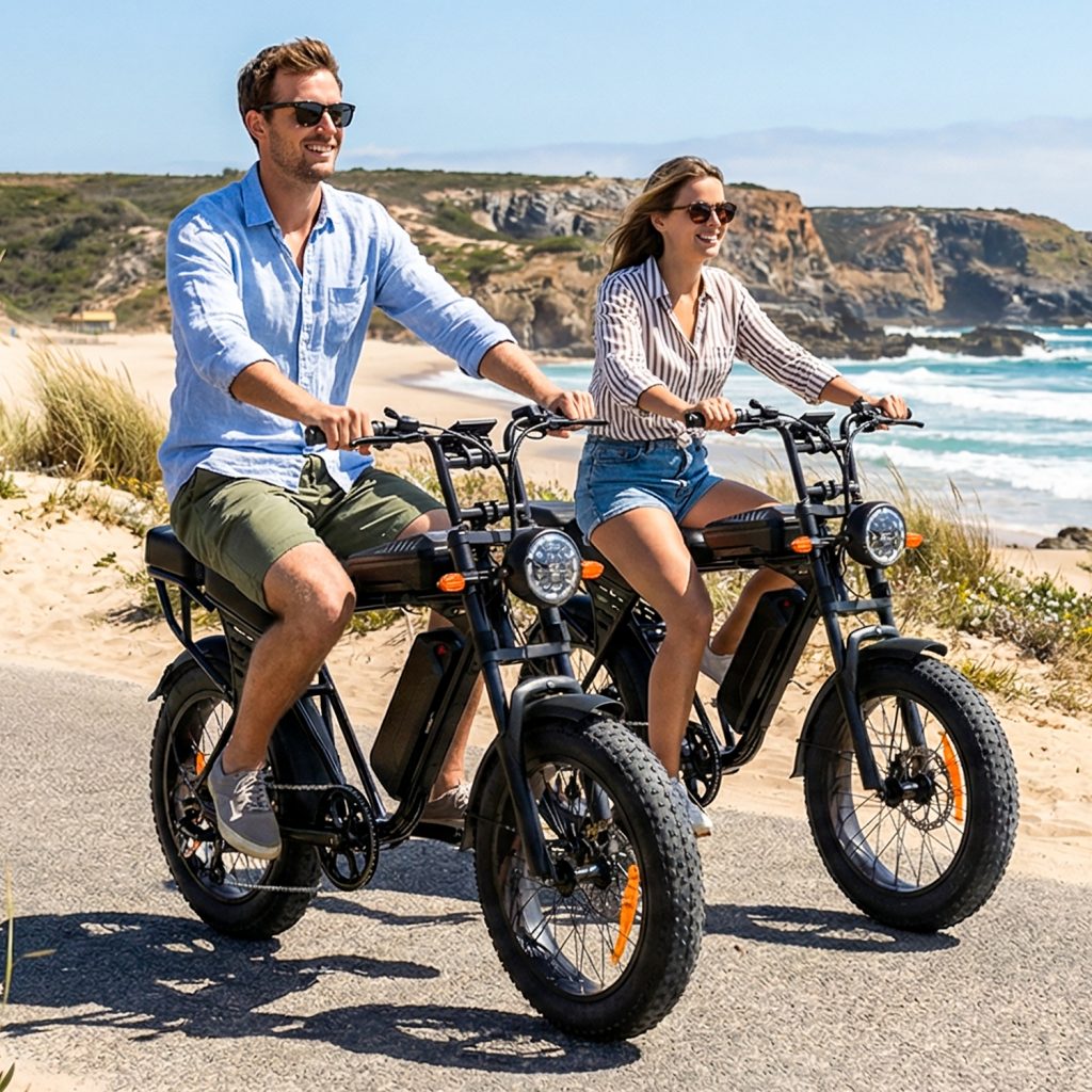 Two riders on Aairsk X5 fat-tire e-bikes by the coast